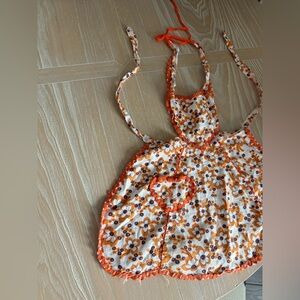 Handmade baby apron|Orange tones in boho ditsy Floral•heart embroidery,lace trim